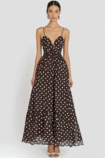 Coffee Chiffon A Line White Polka Dot Dress